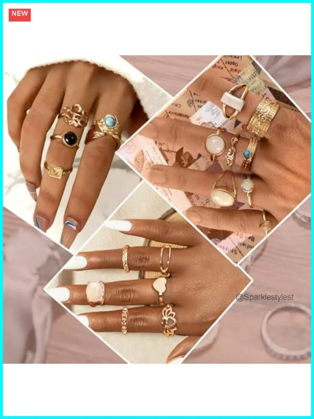 14K Gold Plated Stackable Knuckle Rings Set Crystal Boho 70 Pc